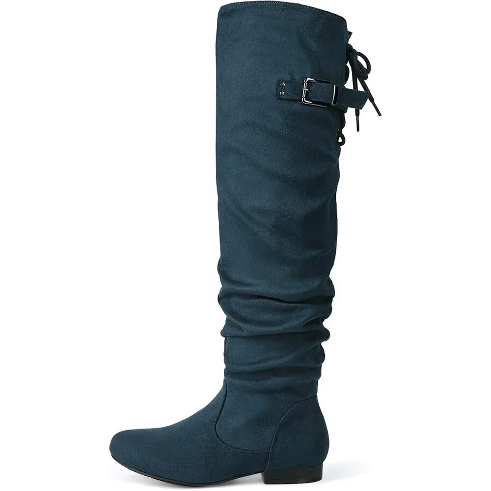 Women's Blue Suede Over The Knee Thigh High Comfortable Low Heel Winter Boots